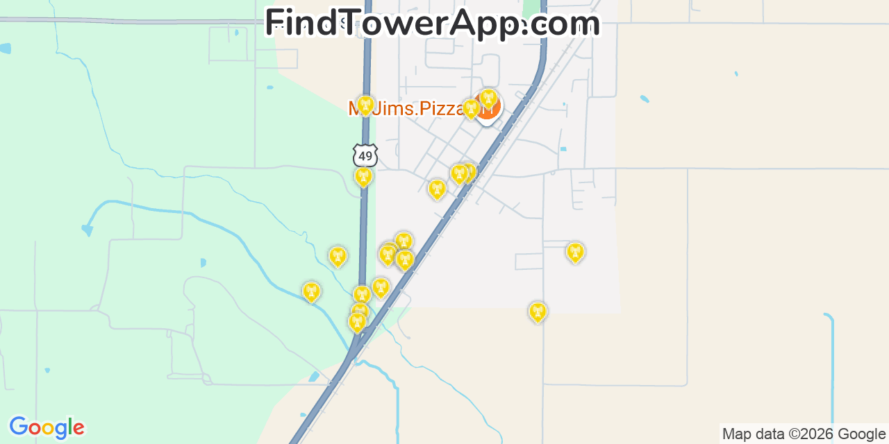 Map showing the 20 primary cell tower locations detected in Brookland, Arkansas from AT&T, Verizon, and T-Mobile networks