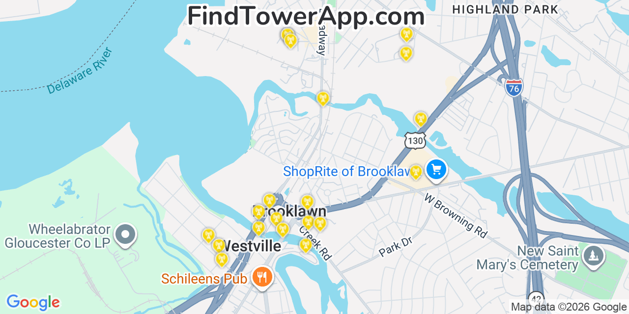 Map showing the 20 primary cell tower locations detected in Brooklawn, New Jersey from AT&T, Verizon, and T-Mobile networks