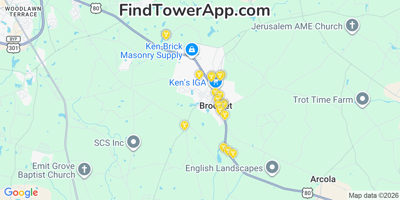 Map showing the 20 primary cell tower locations detected in Brooklet, Georgia from AT&T, Verizon, and T-Mobile networks