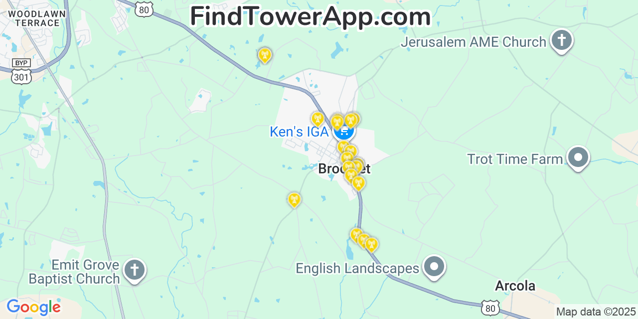 Map showing the 20 primary Mobitel cell tower locations detected in Brooklet, Georgia with coverage radius and signal strength indicators