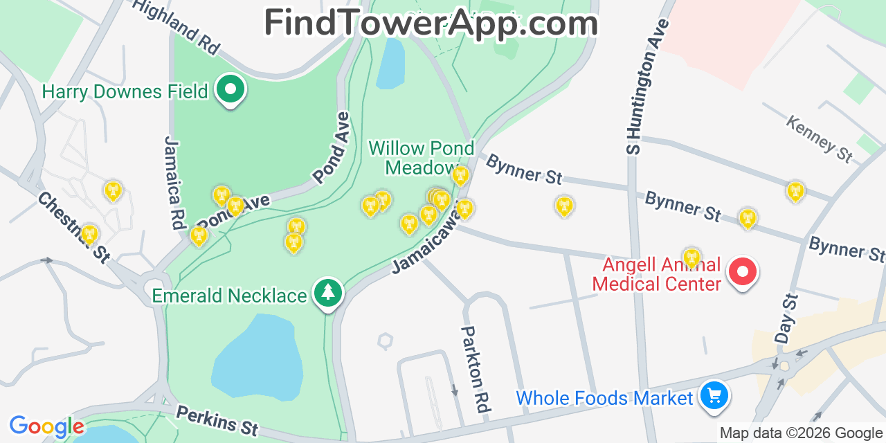 Map showing the 20 primary cell tower locations detected in Brookline, Massachusetts from AT&T, Verizon, and T-Mobile networks