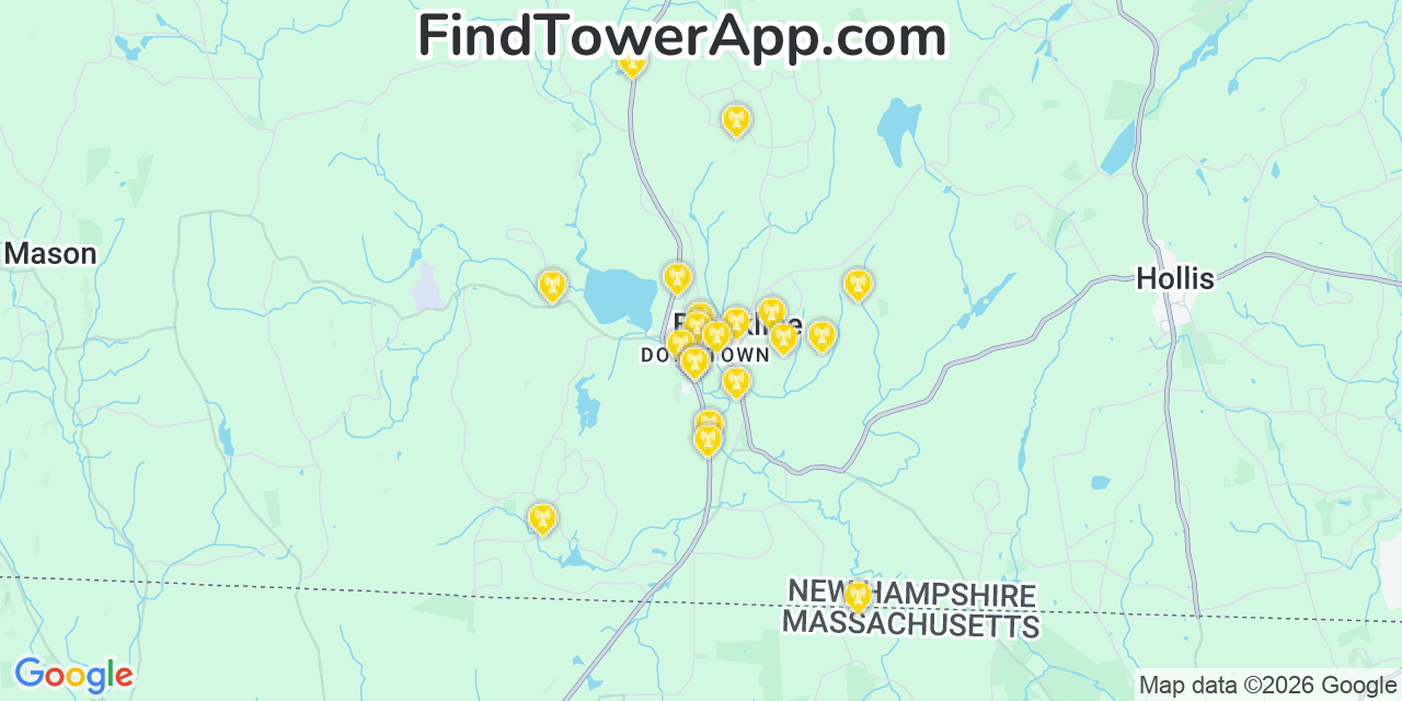 Map showing the 20 primary cell tower locations detected in Brookline, New Hampshire from AT&T, Verizon, and T-Mobile networks