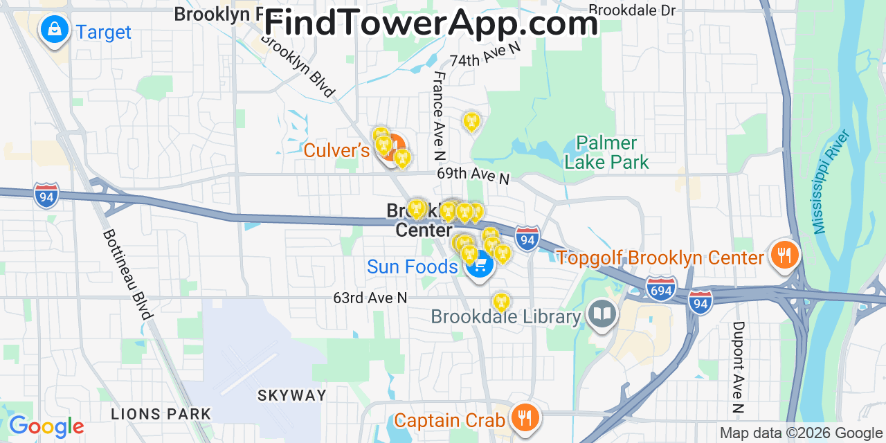 Map showing the 20 primary cell tower locations detected in Brooklyn Center, Minnesota from AT&T, Verizon, and T-Mobile networks