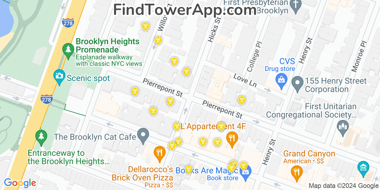 AT&T 4G/5G cell tower coverage map Brooklyn Heights, New York