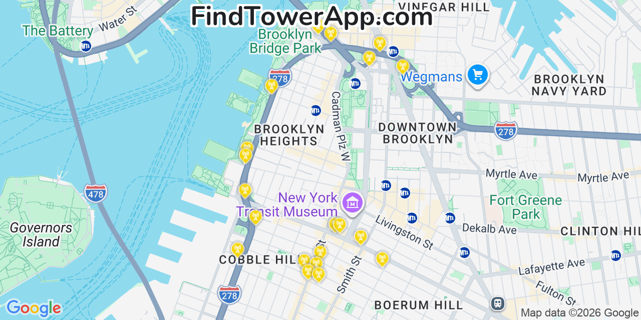 Map showing the 20 primary cell tower locations detected in Brooklyn Heights, New York from AT&T, Verizon, and T-Mobile networks