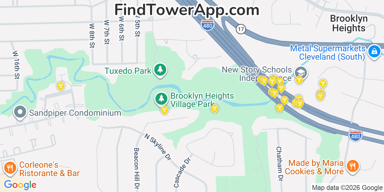 Map showing the 20 primary cell tower locations detected in Brooklyn Heights, Ohio from AT&T, Verizon, and T-Mobile networks