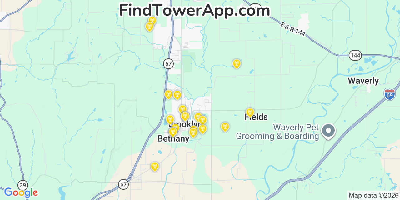 Map showing the 20 primary cell tower locations detected in Brooklyn, Indiana from AT&T, Verizon, and T-Mobile networks