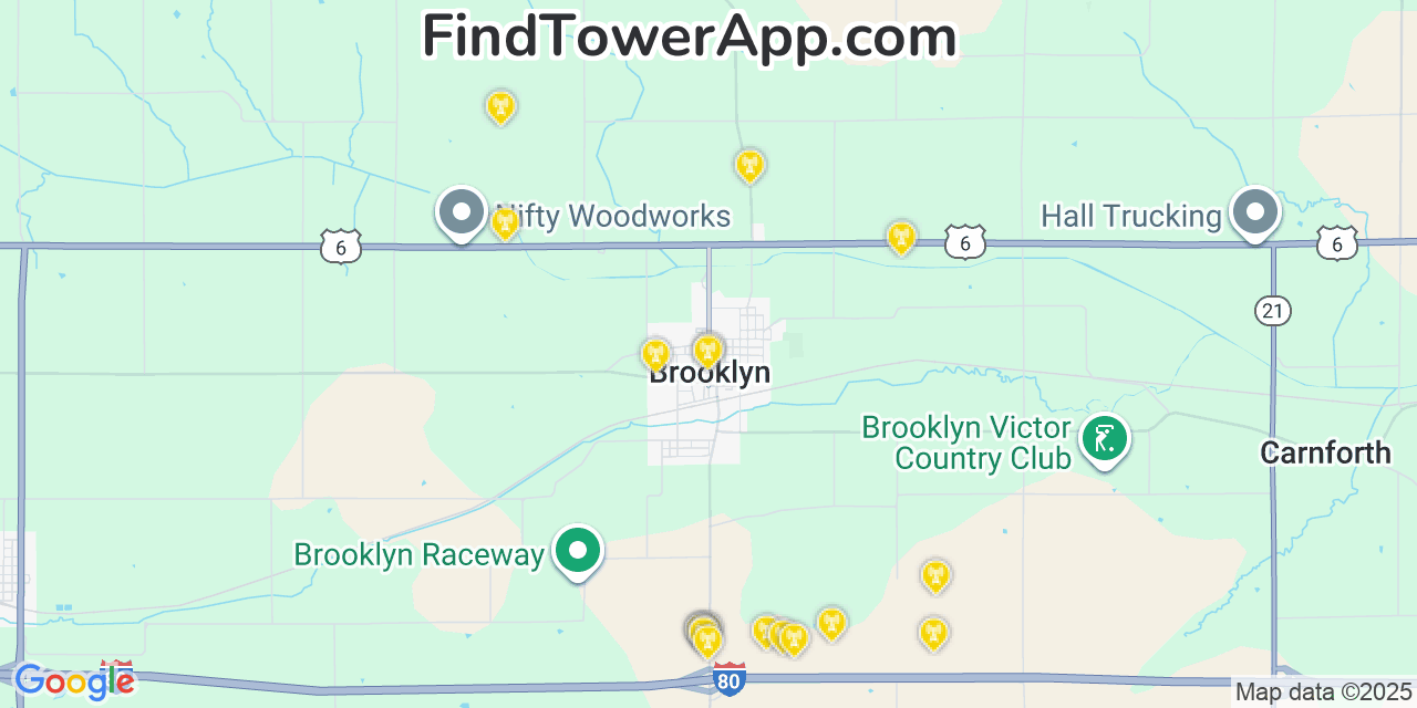Map showing the 20 primary cell tower locations detected in Brooklyn, Iowa from AT&T, Verizon, and T-Mobile networks