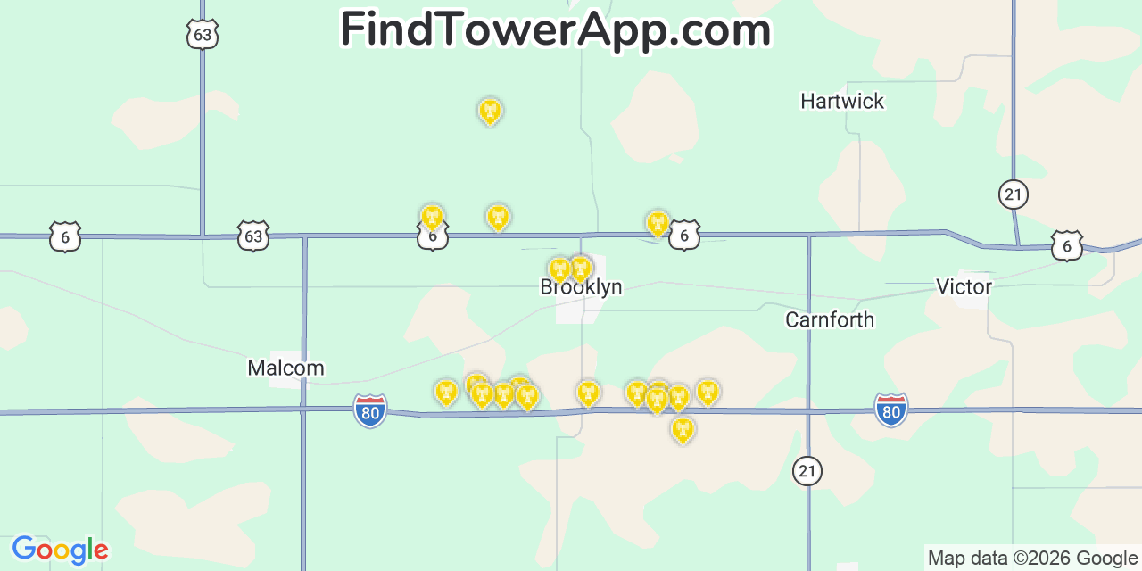 Map showing the 20 primary cell tower locations detected in Brooklyn, Iowa from AT&T, Verizon, and T-Mobile networks