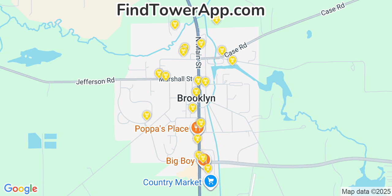 Map showing the 20 primary cell tower locations detected in Brooklyn, Michigan from AT&T, Verizon, and T-Mobile networks