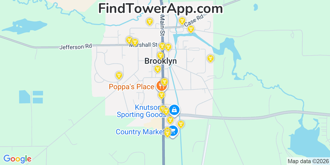 Map showing the 20 primary cell tower locations detected in Brooklyn, Michigan from AT&T, Verizon, and T-Mobile networks