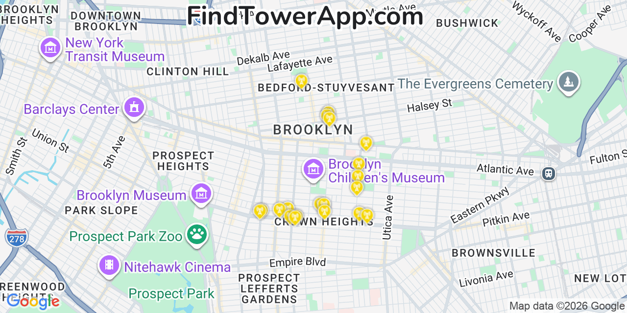 Map showing the 20 primary cell tower locations detected in Brooklyn, New York from AT&T, Verizon, and T-Mobile networks
