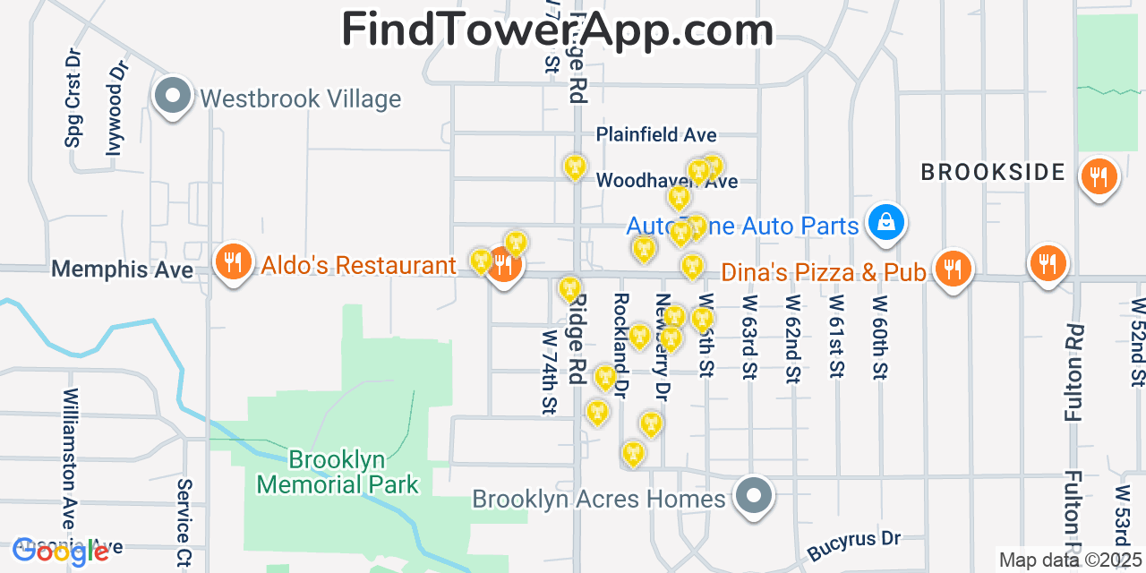 Map showing the 20 primary cell tower locations detected in Brooklyn, Ohio from AT&T, Verizon, and T-Mobile networks