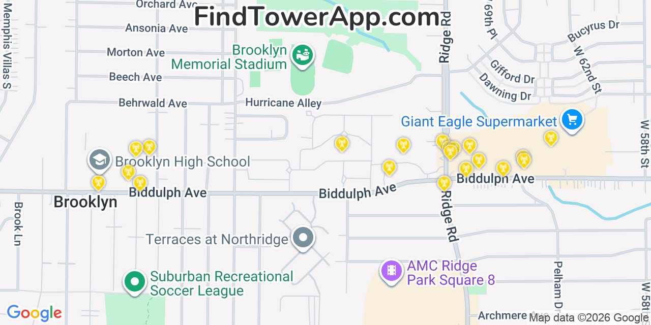 Map showing the 20 primary cell tower locations detected in Brooklyn, Ohio from AT&T, Verizon, and T-Mobile networks