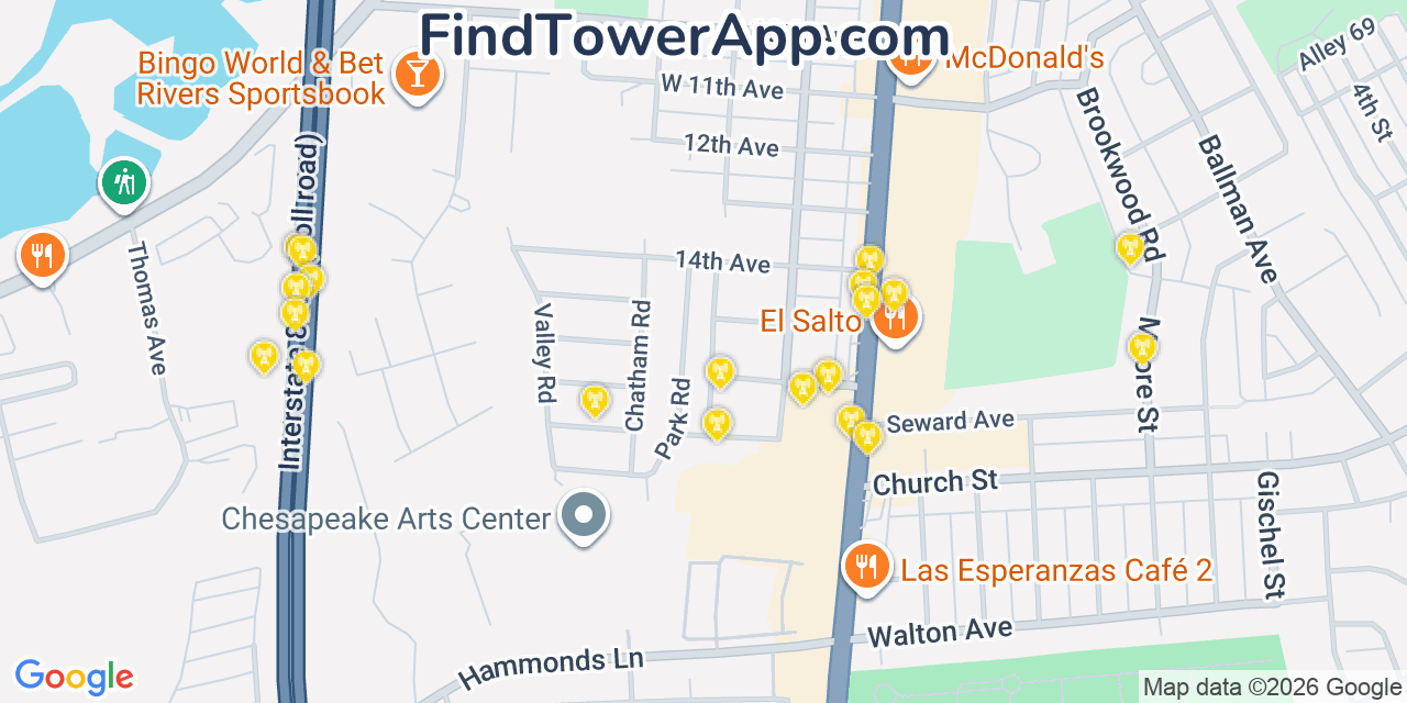 Map showing the 20 primary cell tower locations detected in Brooklyn Park, Maryland from AT&T, Verizon, and T-Mobile networks