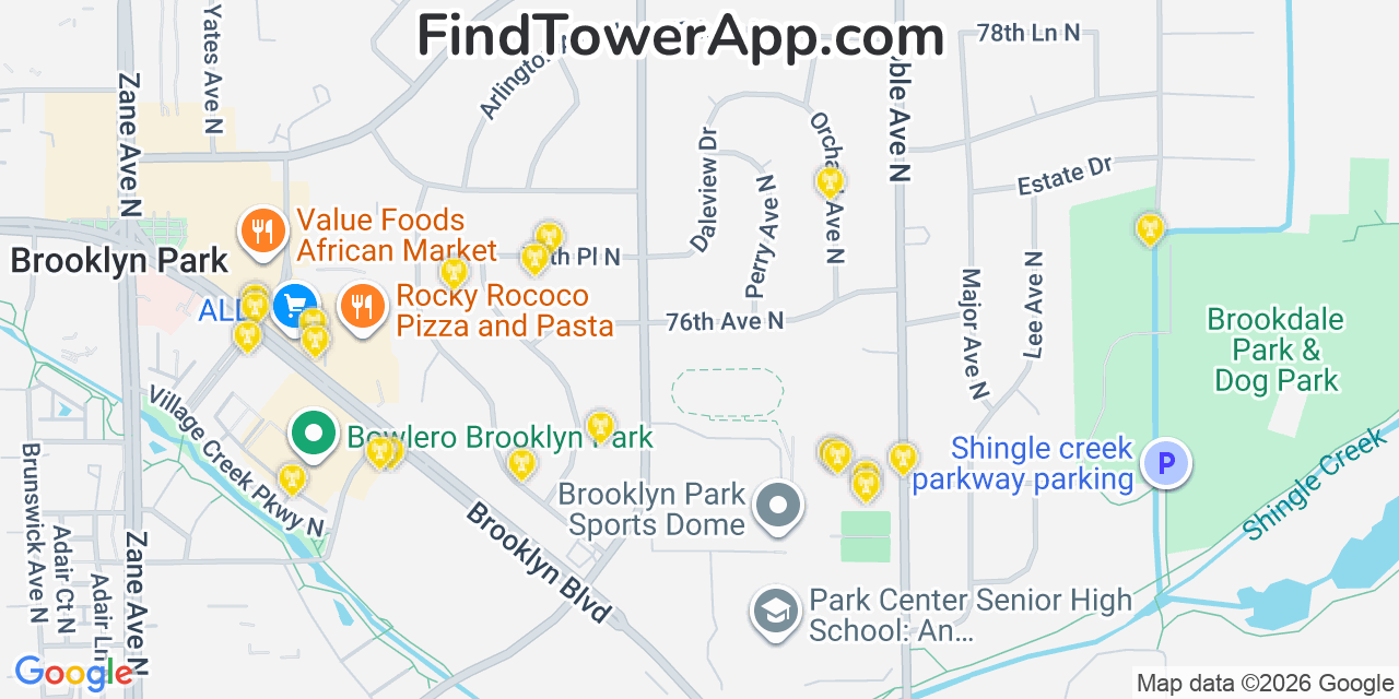 Map showing the 20 primary cell tower locations detected in Brooklyn Park, Minnesota from AT&T, Verizon, and T-Mobile networks