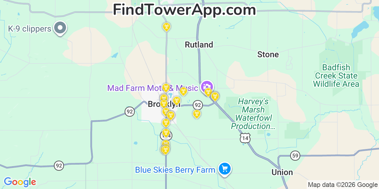 Map showing the 20 primary cell tower locations detected in Brooklyn, Wisconsin from AT&T, Verizon, and T-Mobile networks