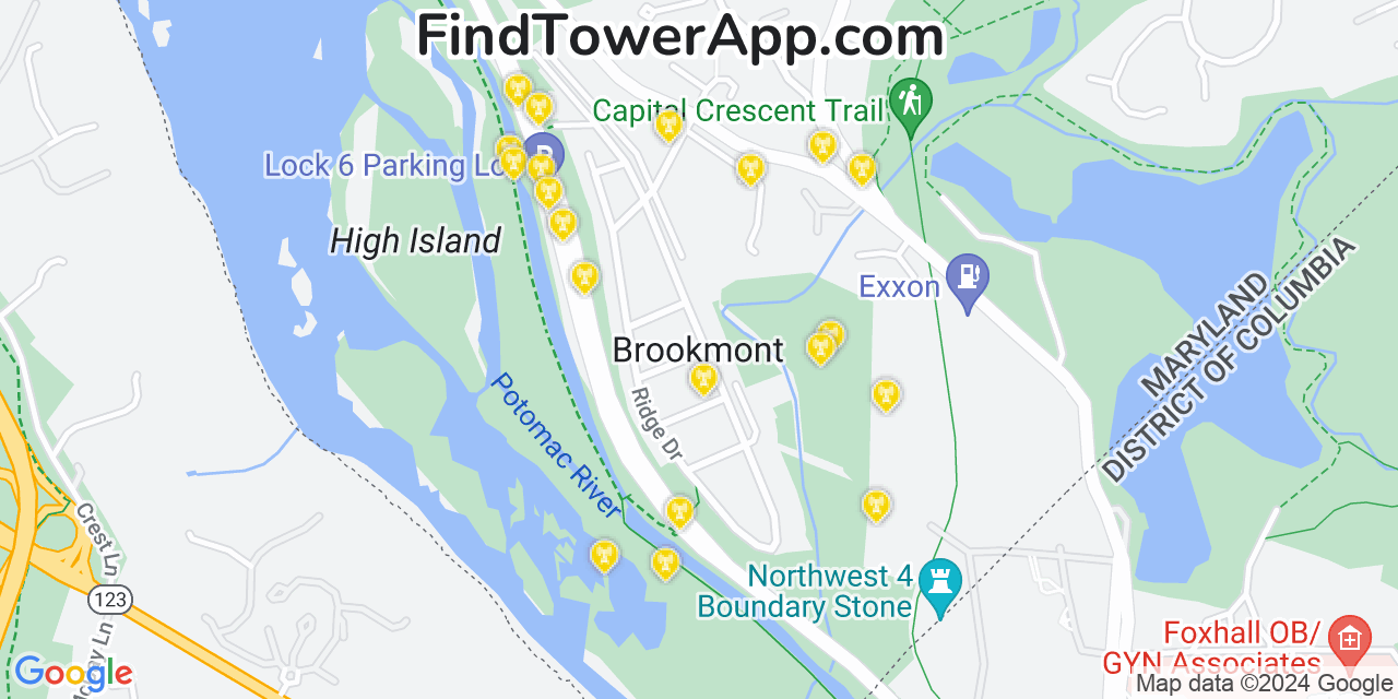 AT&T 4G/5G cell tower coverage map Brookmont, Maryland