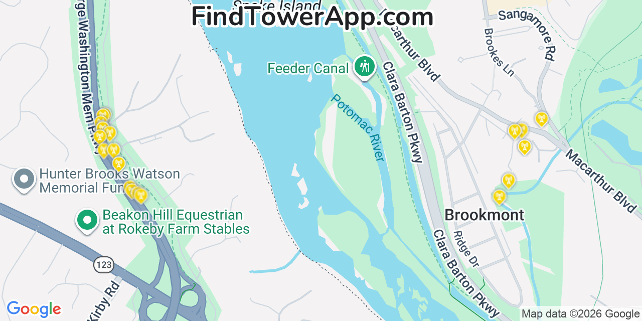 Map showing the 20 primary cell tower locations detected in Brookmont, Maryland from AT&T, Verizon, and T-Mobile networks