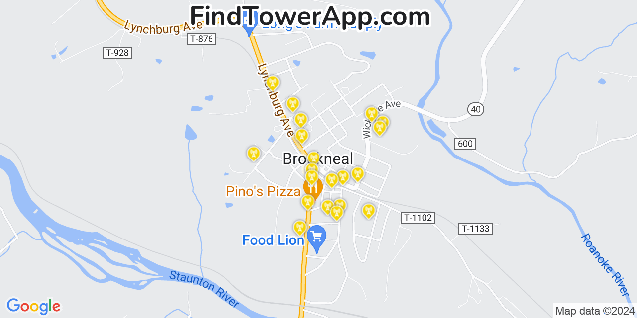 AT&T 4G/5G cell tower coverage map Brookneal, Virginia