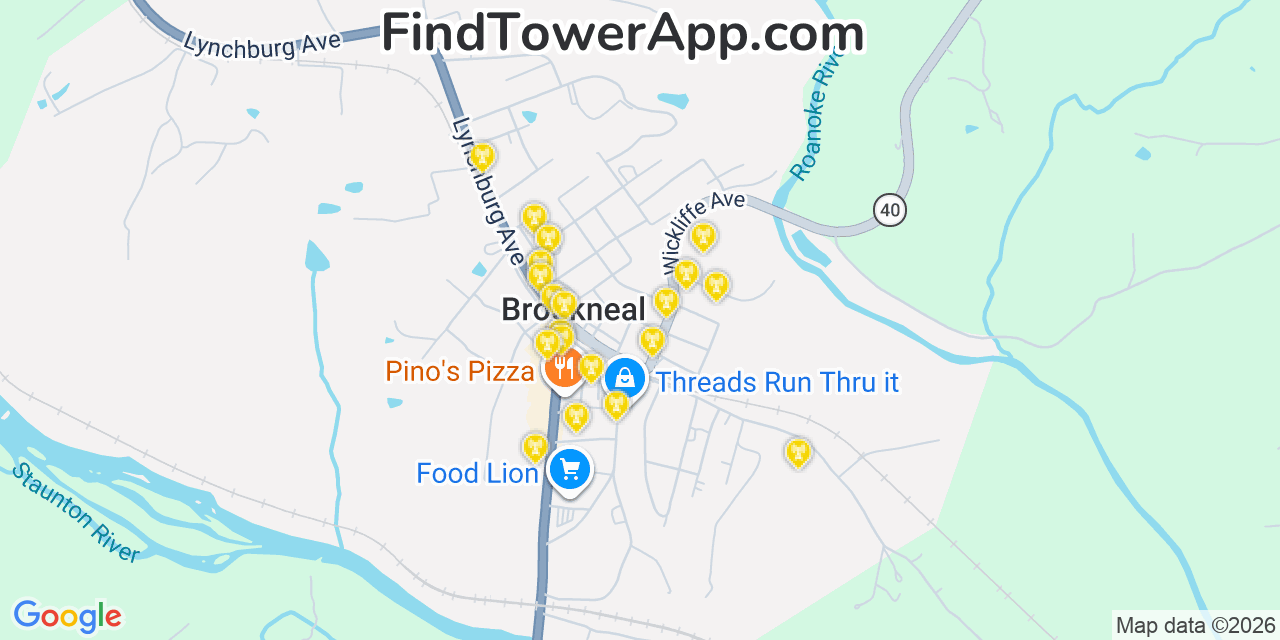 Map showing the 20 primary cell tower locations detected in Brookneal, Virginia from AT&T, Verizon, and T-Mobile networks
