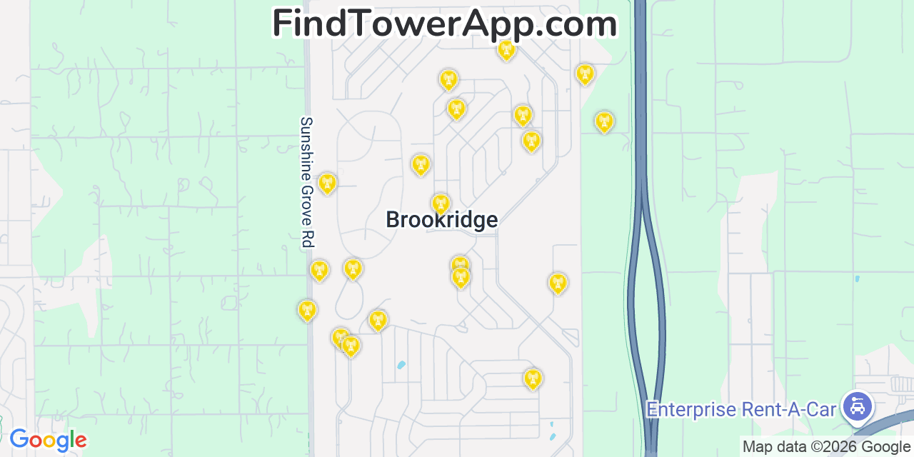 Map showing the 20 primary cell tower locations detected in Brookridge, Florida from AT&T, Verizon, and T-Mobile networks