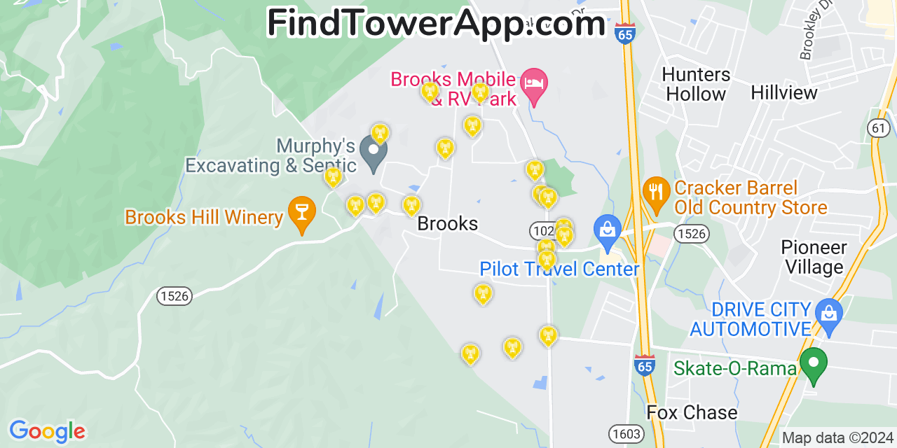 AT&T 4G/5G cell tower coverage map Brooks, Kentucky