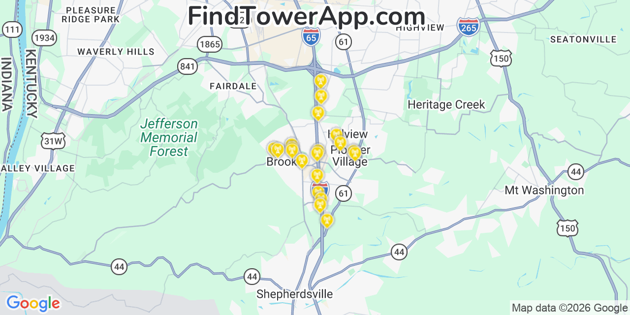 Map showing the 20 primary cell tower locations detected in Brooks, Kentucky from AT&T, Verizon, and T-Mobile networks