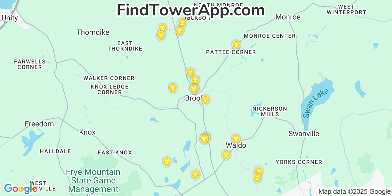 Map showing the 20 primary cell tower locations detected in Brooks, Maine from AT&T, Verizon, and T-Mobile networks
