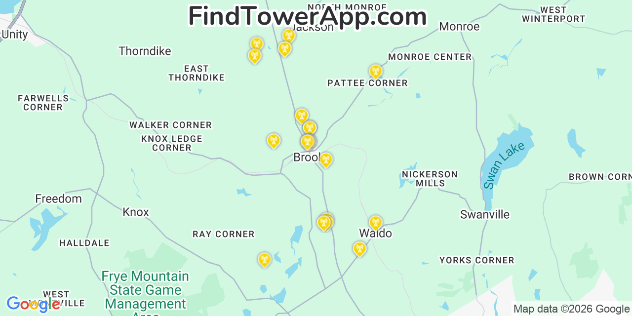 Map showing the 20 primary cell tower locations detected in Brooks, Maine from AT&T, Verizon, and T-Mobile networks