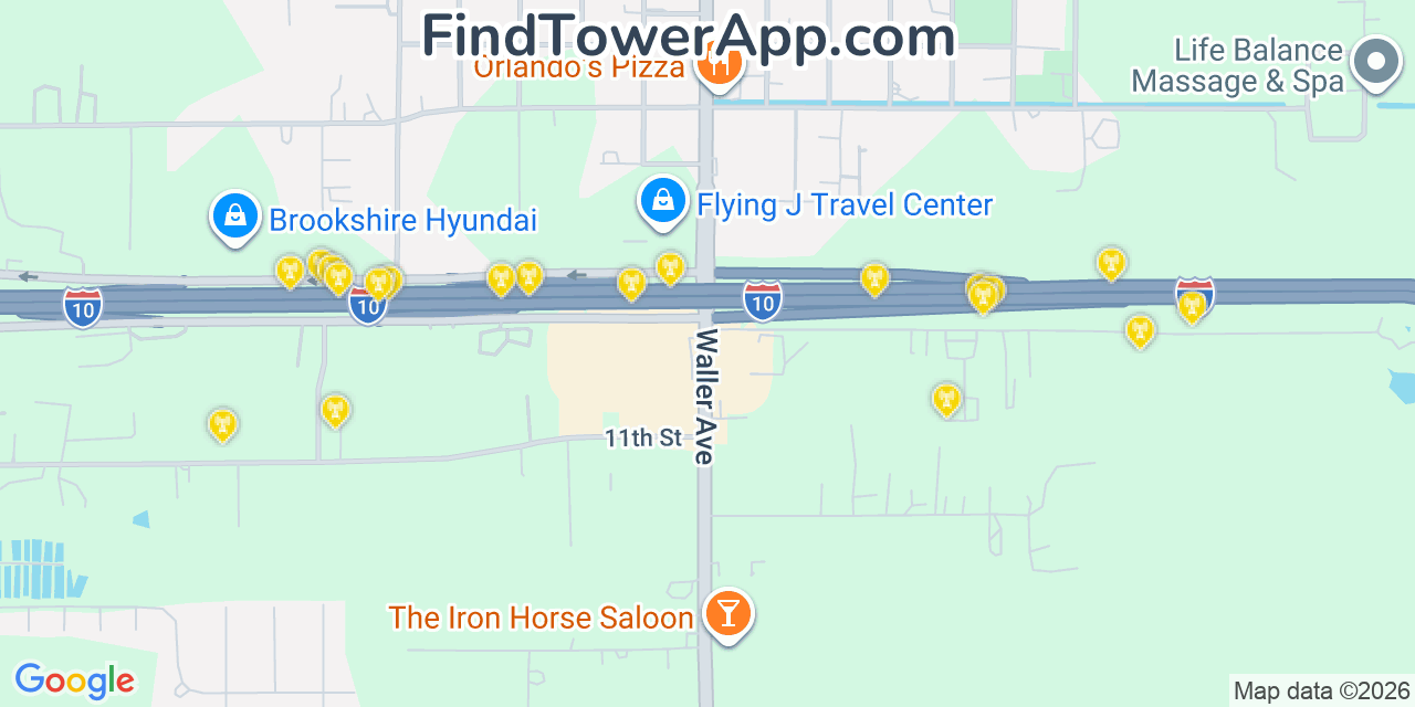 Map showing the 20 primary cell tower locations detected in Brookshire, Texas from AT&T, Verizon, and T-Mobile networks