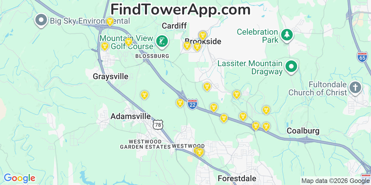 Map showing the 20 primary cell tower locations detected in Brookside, Alabama from AT&T, Verizon, and T-Mobile networks