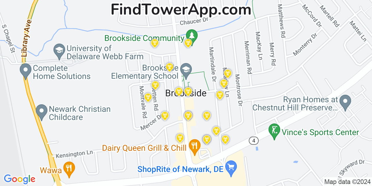 AT&T 4G/5G cell tower coverage map Brookside, Delaware