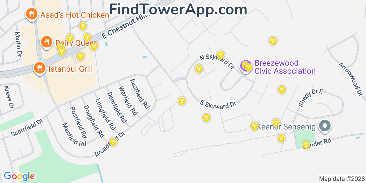 Map showing the 20 primary cell tower locations detected in Brookside, Delaware from AT&T, Verizon, and T-Mobile networks