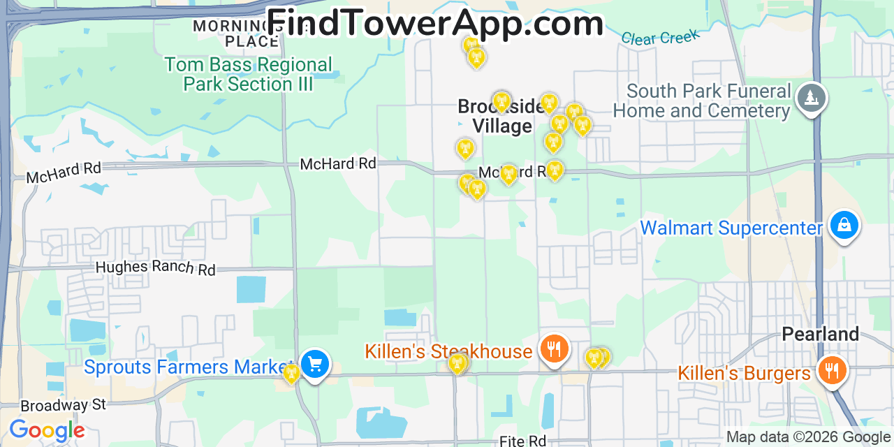 Map showing the 20 primary cell tower locations detected in Brookside Village, Texas from AT&T, Verizon, and T-Mobile networks