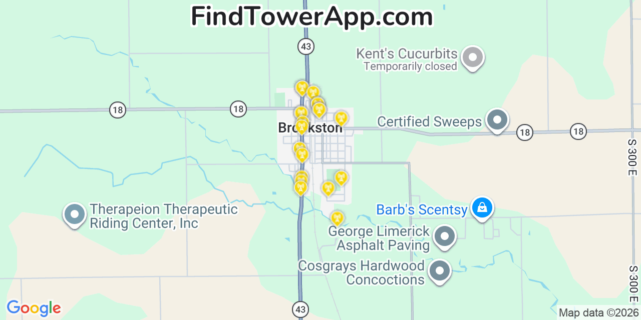 Map showing the 20 primary cell tower locations detected in Brookston, Indiana from AT&T, Verizon, and T-Mobile networks