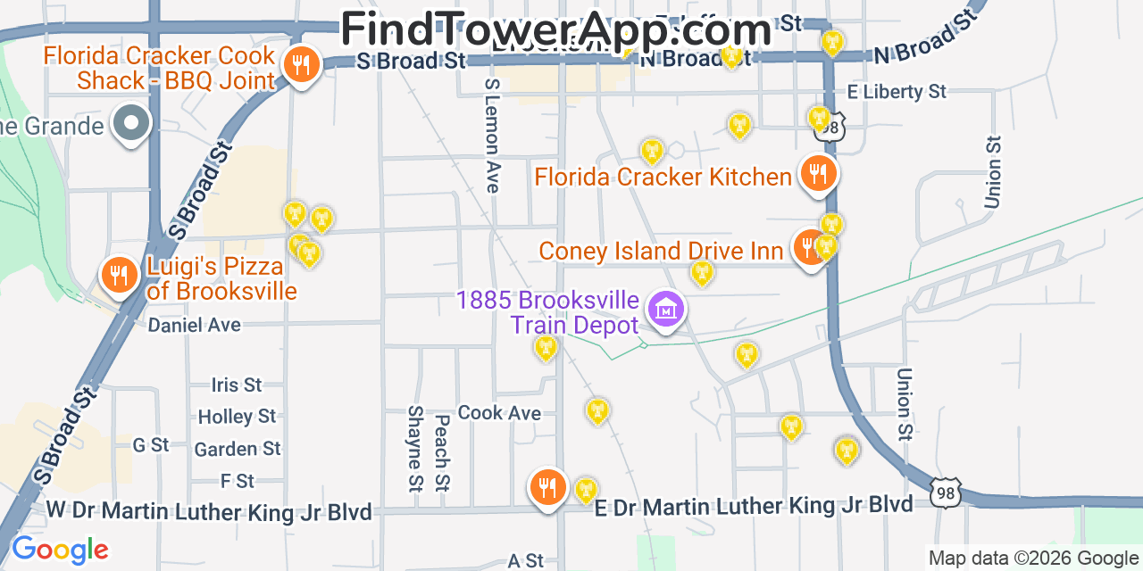 Map showing the 20 primary cell tower locations detected in Brooksville, Florida from AT&T, Verizon, and T-Mobile networks