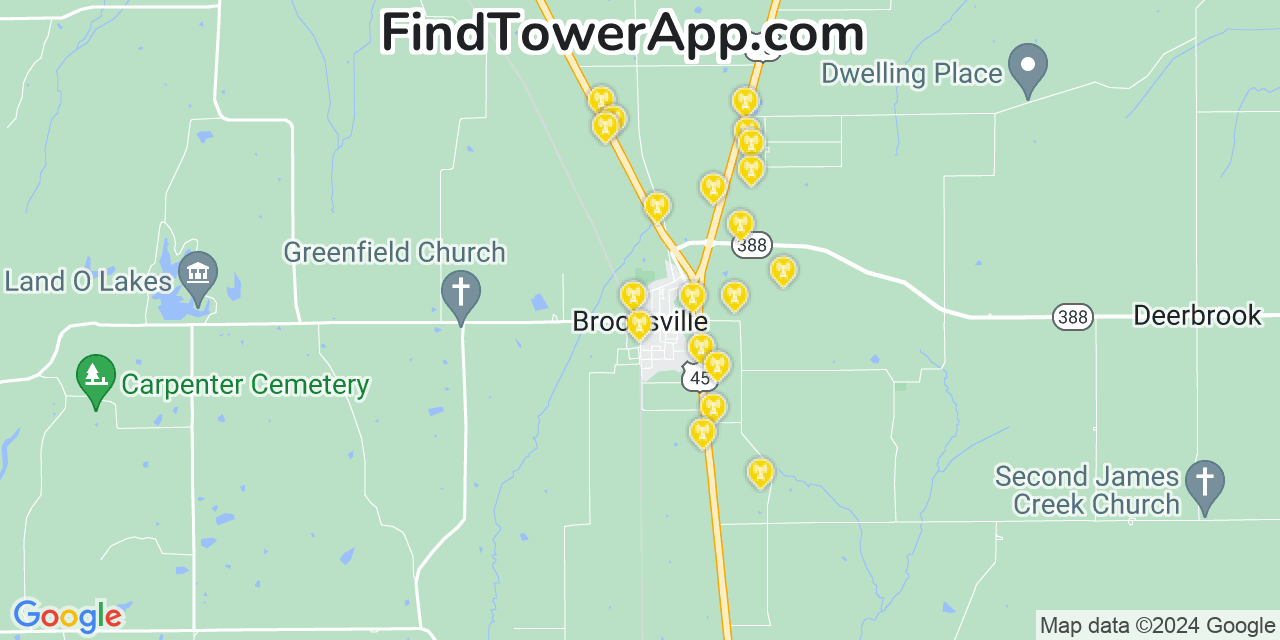 AT&T 4G/5G cell tower coverage map Brooksville, Mississippi