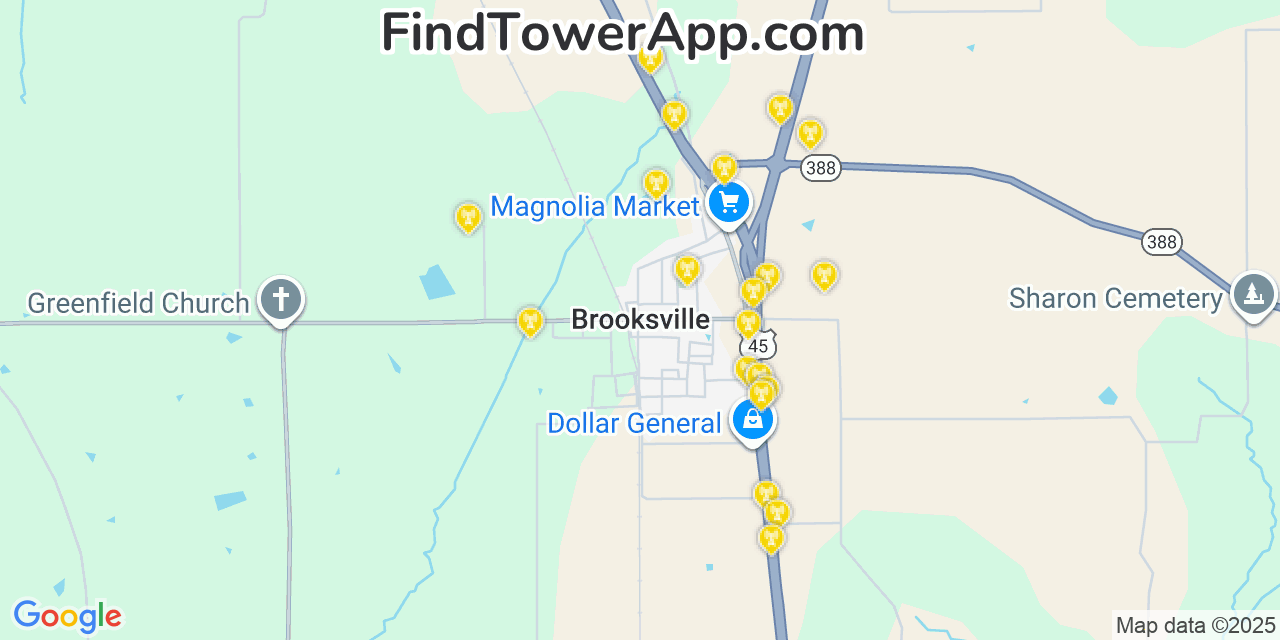 Map showing the 20 primary cell tower locations detected in Brooksville, Mississippi from AT&T, Verizon, and T-Mobile networks