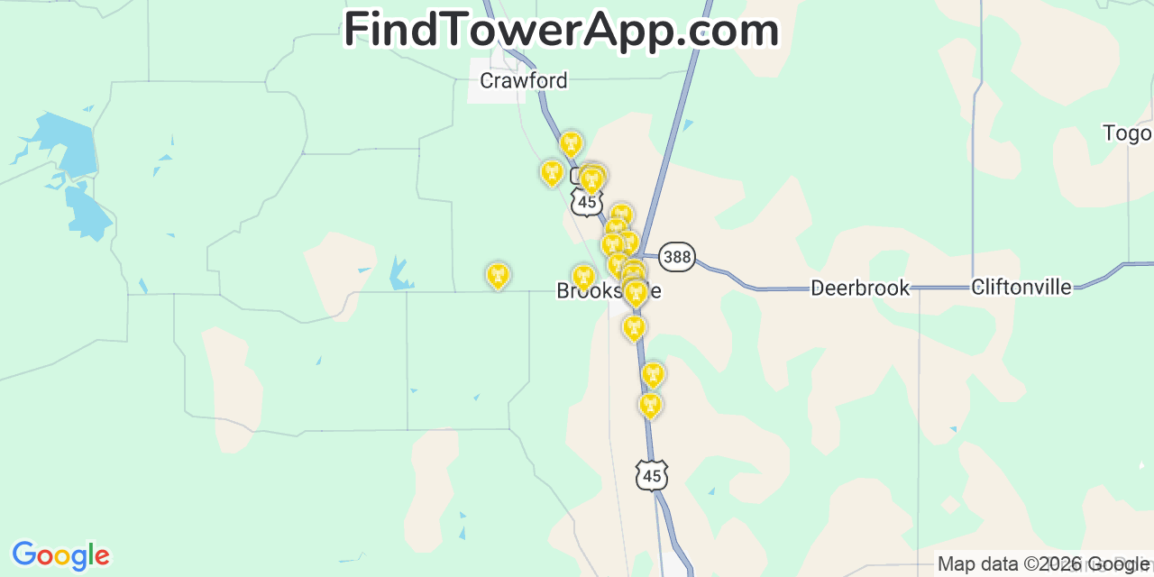 Map showing the 20 primary cell tower locations detected in Brooksville, Mississippi from AT&T, Verizon, and T-Mobile networks
