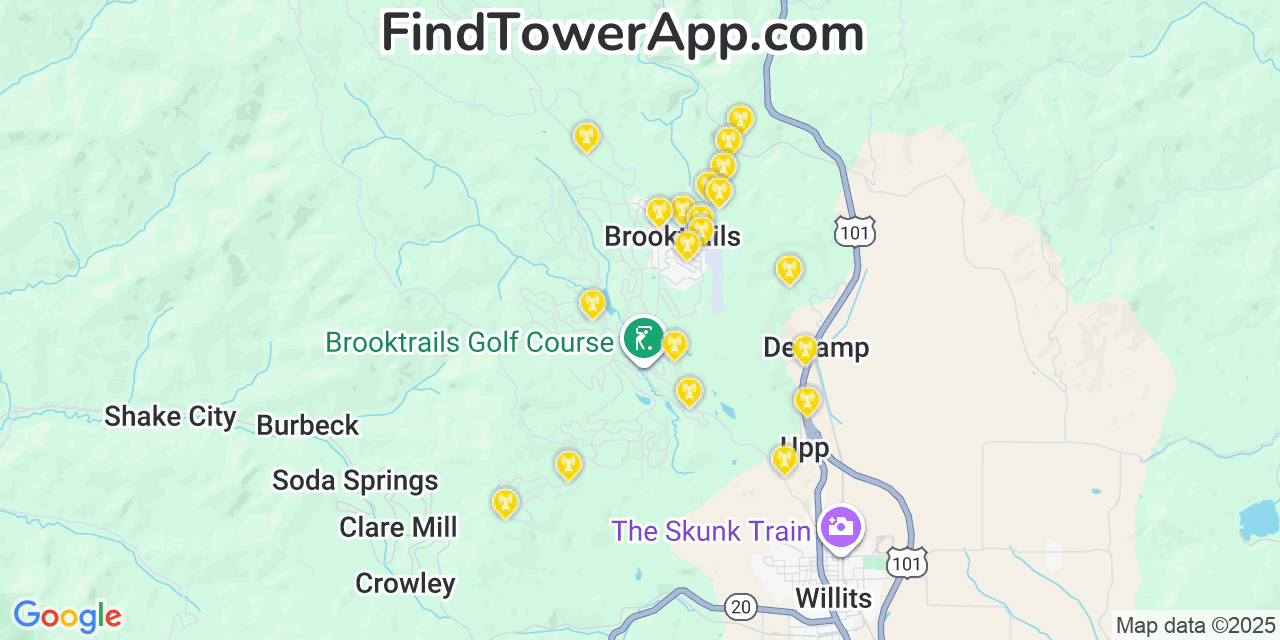 Map showing the 20 primary cell tower locations detected in Brooktrails, California from AT&T, Verizon, and T-Mobile networks