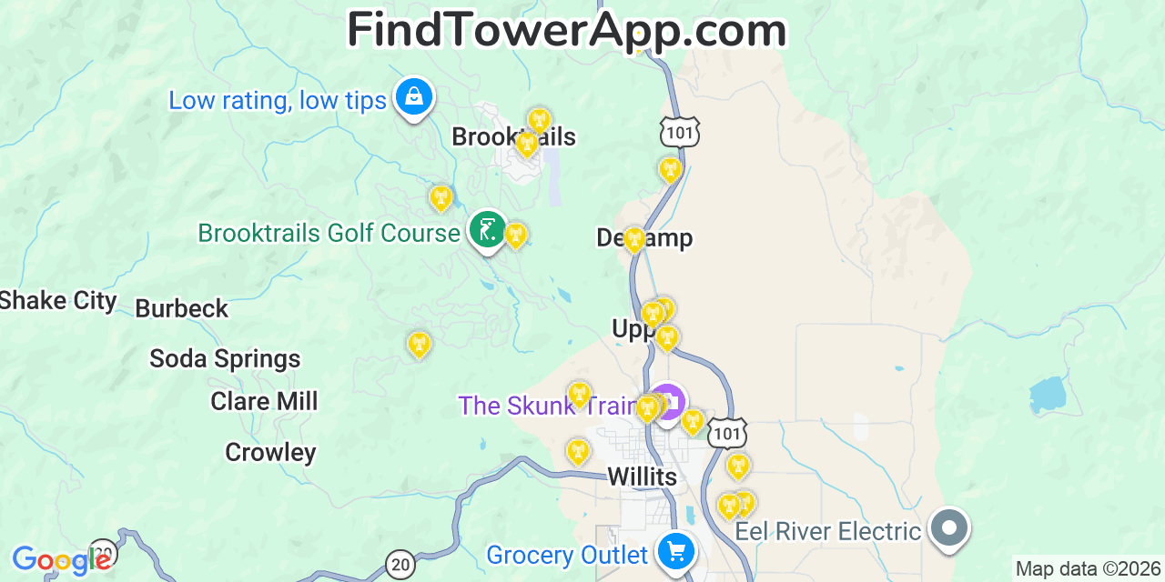 Map showing the 20 primary cell tower locations detected in Brooktrails, California from AT&T, Verizon, and T-Mobile networks