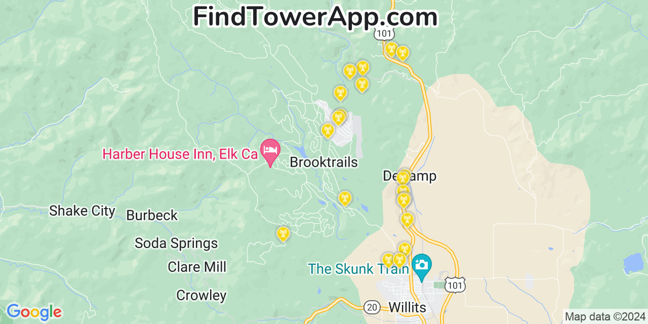 Verizon 4G/5G cell tower coverage map Brooktrails, California