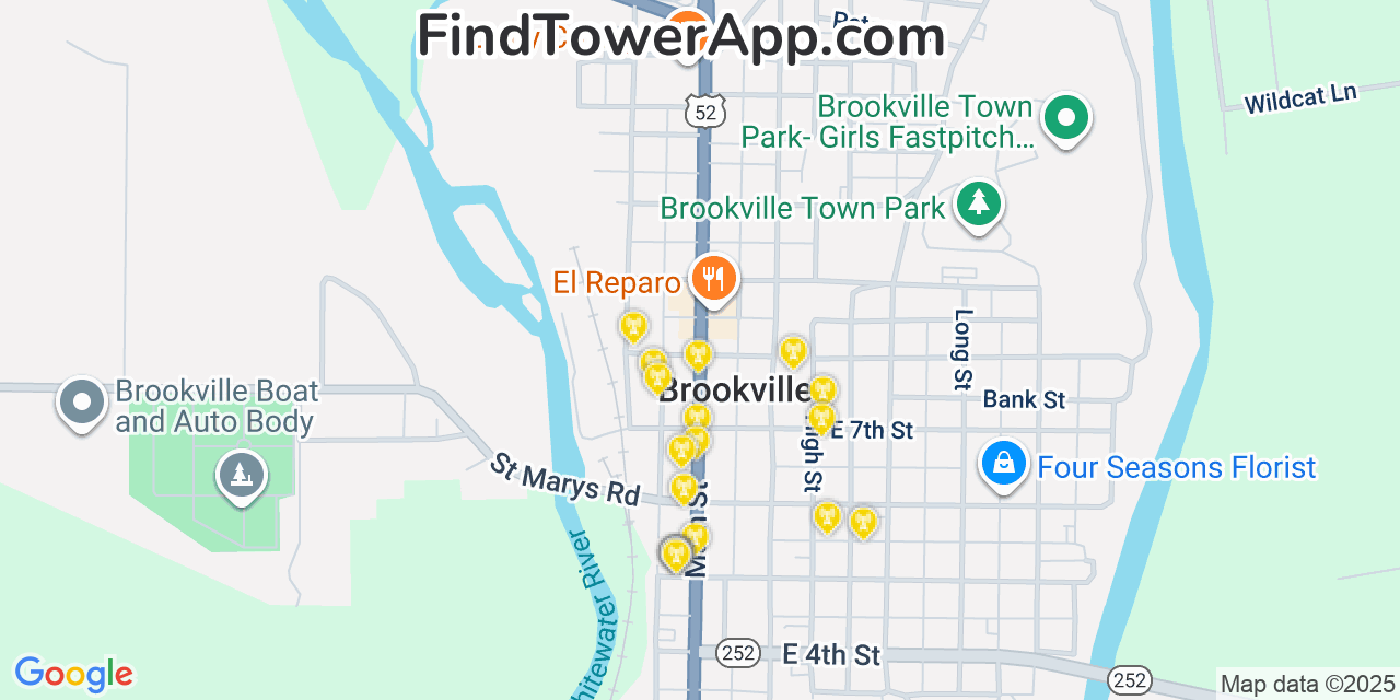 Map showing the 20 primary cell tower locations detected in Brookville, Indiana from AT&T, Verizon, and T-Mobile networks