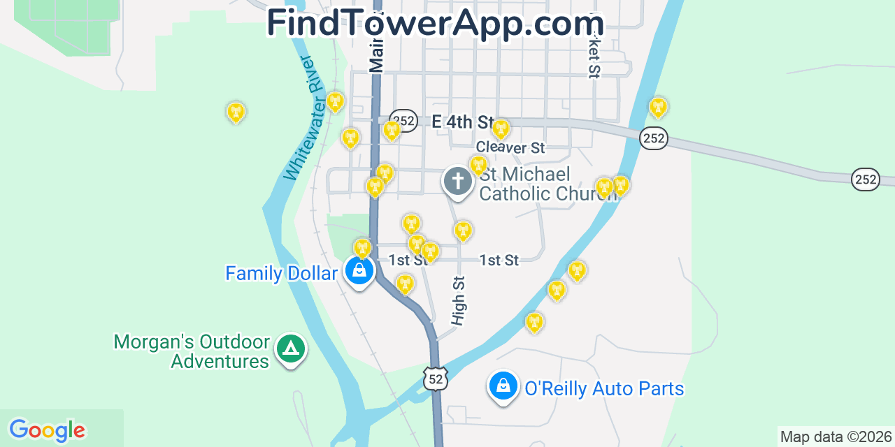 Map showing the 20 primary cell tower locations detected in Brookville, Indiana from AT&T, Verizon, and T-Mobile networks