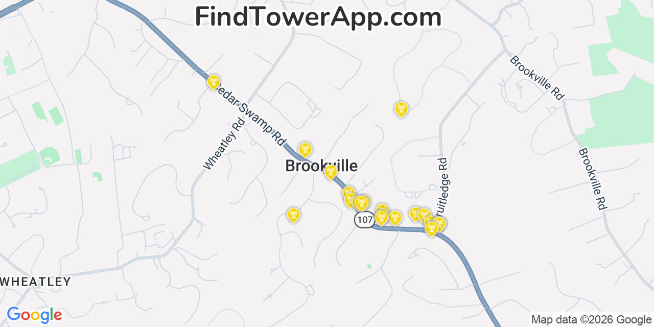 Map showing the 20 primary cell tower locations detected in Brookville, New York from AT&T, Verizon, and T-Mobile networks