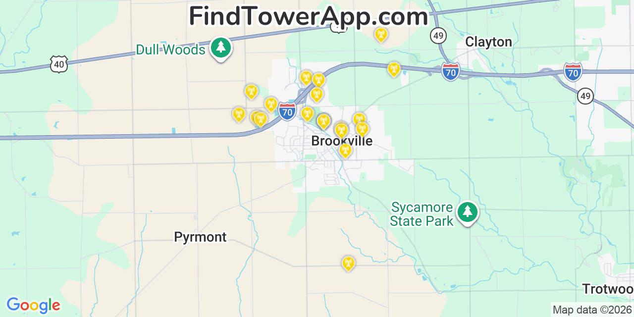 Map showing the 20 primary cell tower locations detected in Brookville, Ohio from AT&T, Verizon, and T-Mobile networks