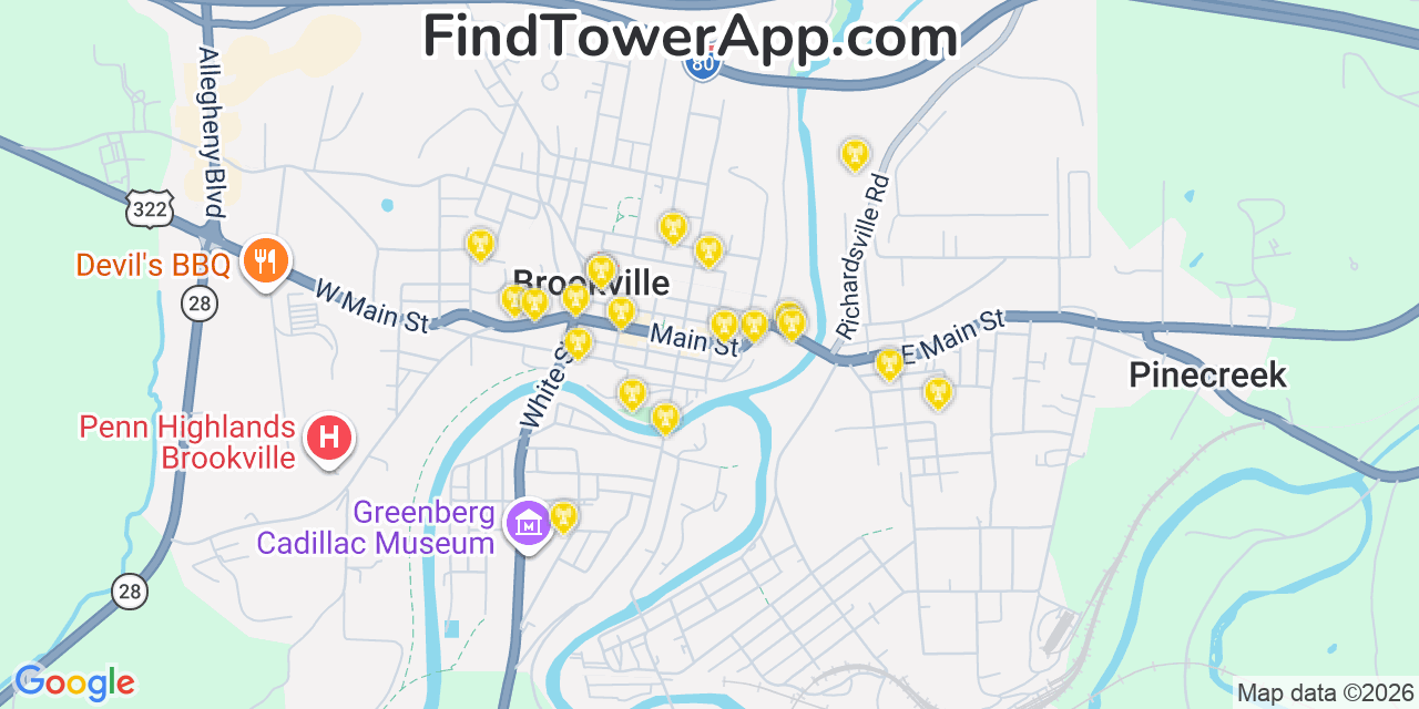 Map showing the 20 primary cell tower locations detected in Brookville, Pennsylvania from AT&T, Verizon, and T-Mobile networks