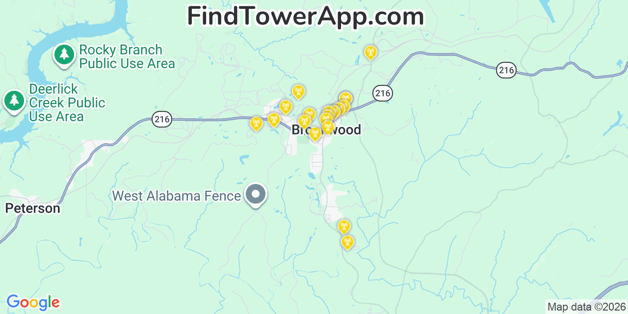 Map showing the 20 primary cell tower locations detected in Brookwood, Alabama from AT&T, Verizon, and T-Mobile networks