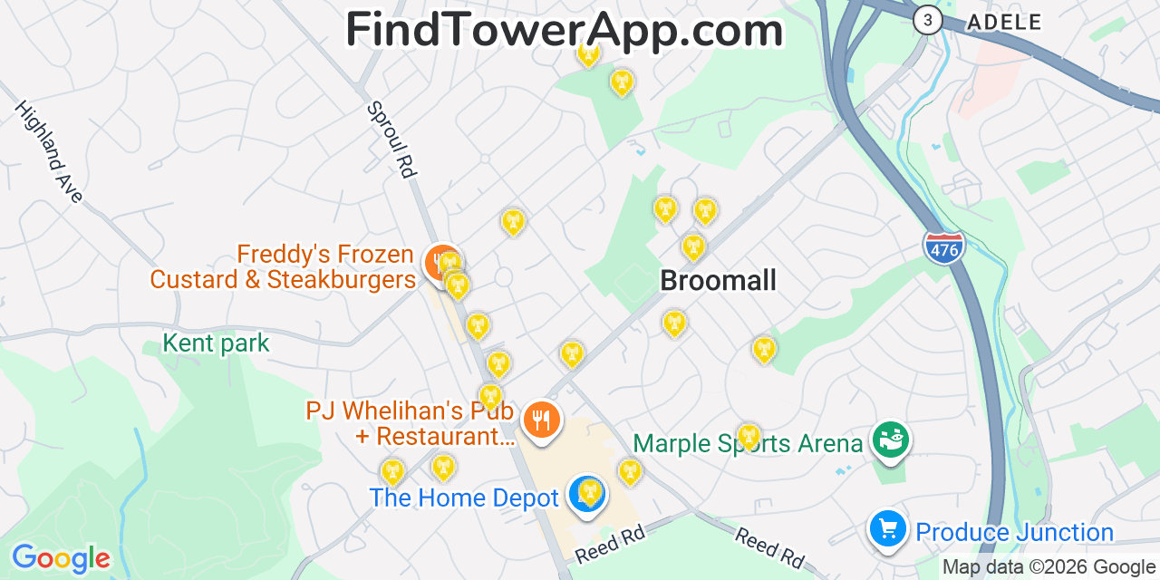 Map showing the 20 primary cell tower locations detected in Broomall, Pennsylvania from AT&T, Verizon, and T-Mobile networks